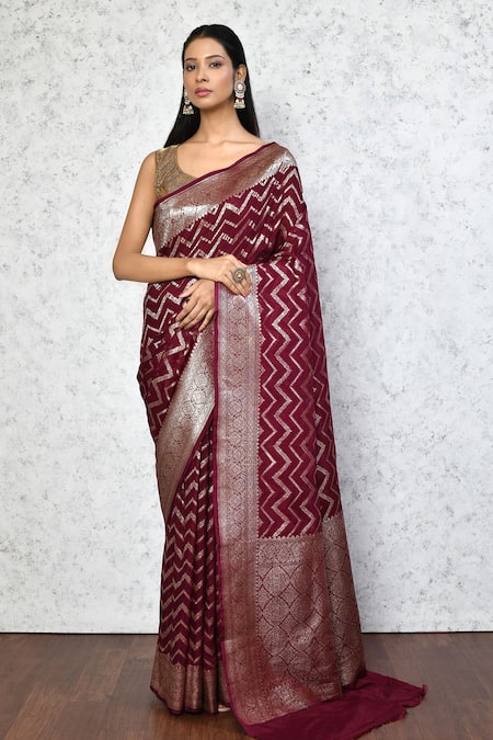 Nazaakat by Samara Singh Maroon Semi Handloom Cotton Georgette Border Work Saree With Running Blouse