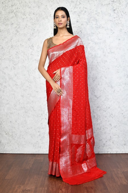 Nazaakat by Samara Singh Red Semi Handloom Cotton Georgette Woven Saree With Running Blouse