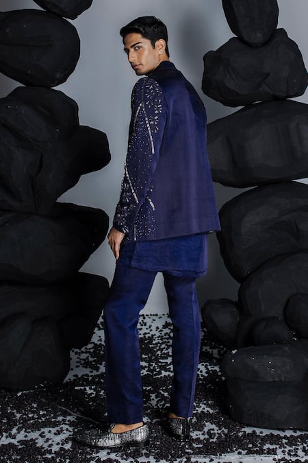 Shop_Contrast By Parth_Blue Linen, Silk Embroidery, Cut Work, Twilight Cutdana Jacket Kurta Set _at_Aza_Fashions