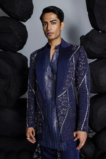 Contrast By Parth_Blue Linen, Silk Embroidery, Cut Work, Twilight Cutdana Jacket Kurta Set _Online_at_Aza_Fashions