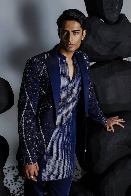 Buy_Contrast By Parth_Blue Linen, Silk Embroidery, Cut Work, Twilight Cutdana Jacket Kurta Set _Online_at_Aza_Fashions