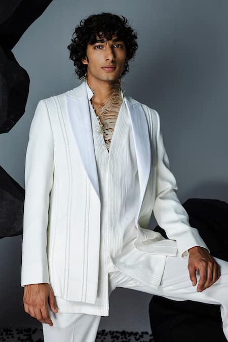 Shop_Contrast By Parth_Ivory Cotton, Polyester Embroidery, Sequins, Crystals Charm Jacket Kurta Set _Online_at_Aza_Fashions