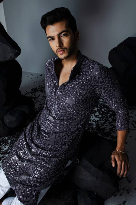 Contrast By Parth_Purple Georgette Sequins Sitaraa Embroidered Kurta With Pant_Online_at_Aza_Fashions