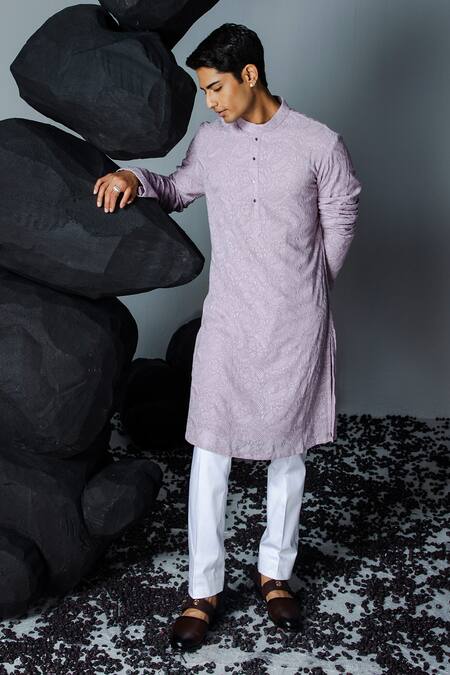 Buy_Contrast By Parth_Purple Georgette, Cotton Embroidery Misty Foliage Kurta With Pant_Online_at_Aza_Fashions