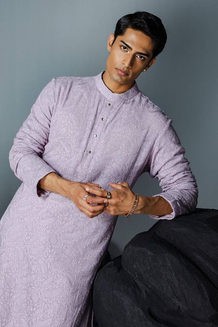 Shop_Contrast By Parth_Purple Georgette, Cotton Embroidery Misty Foliage Kurta With Pant_Online_at_Aza_Fashions