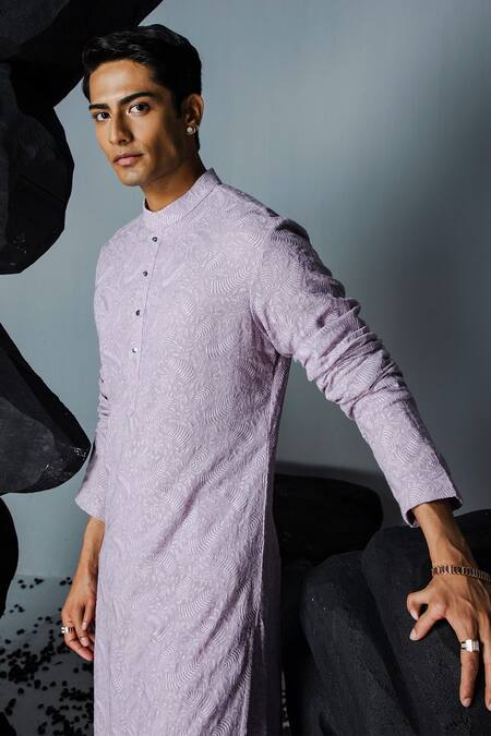 Contrast By Parth_Purple Georgette, Cotton Embroidery Misty Foliage Kurta With Pant_at_Aza_Fashions