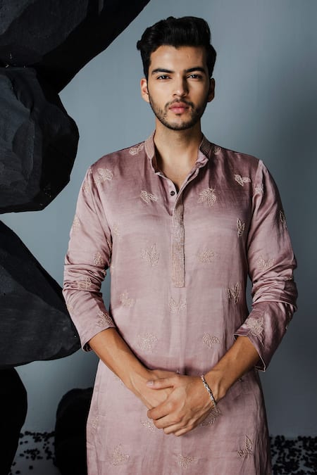 Contrast By Parth_Purple Linen, Silk Crystals Leaf Embroidered Kurta With Pant _Online_at_Aza_Fashions