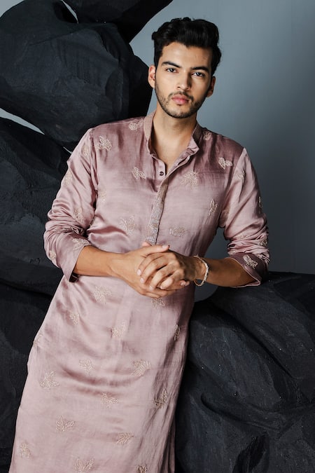 Buy_Contrast By Parth_Purple Linen, Silk Crystals Leaf Embroidered Kurta With Pant _Online_at_Aza_Fashions