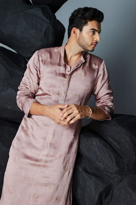 Shop_Contrast By Parth_Purple Linen, Silk Crystals Leaf Embroidered Kurta With Pant _Online_at_Aza_Fashions