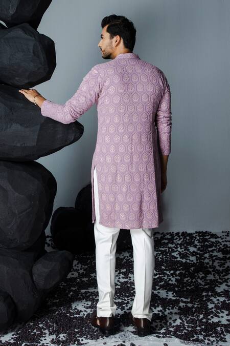 Shop Contrast By Parth Purple Georgette Embroidery Chaand Bali Thread Kurta With Pant at Aza Fashions Shop_Contrast By Parth_Purple Georgette Embroidery Chaand Bali Thread Kurta With Pant_at_Aza_Fashions