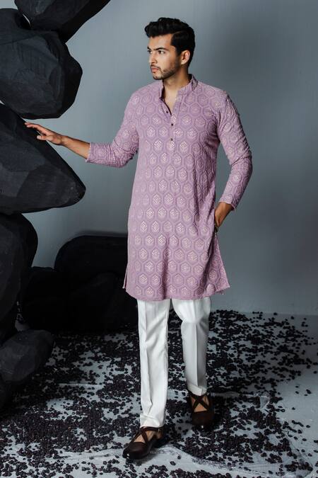 Contrast By Parth Purple Georgette Embroidery Chaand Bali Thread Kurta With Pant Online at Aza Fashions Contrast By Parth_Purple Georgette Embroidery Chaand Bali Thread Kurta With Pant_Online_at_Aza_Fashions