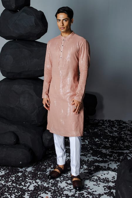 Contrast By Parth Pink Viscose Textured Trance Kurta With Pant