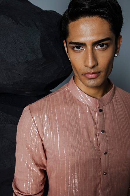 Buy Contrast By Parth Pink Viscose Trance Textured Kurta With Pant Online at Aza Fashions Buy_Contrast By Parth_Pink Viscose Trance Textured Kurta With Pant_Online_at_Aza_Fashions