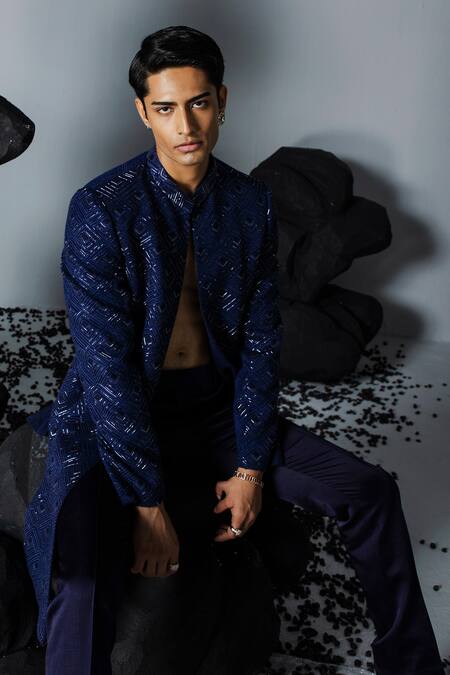 Contrast By Parth_Blue Silk Crystals, Sequins Embellished Open Sherwani Set _Online_at_Aza_Fashions