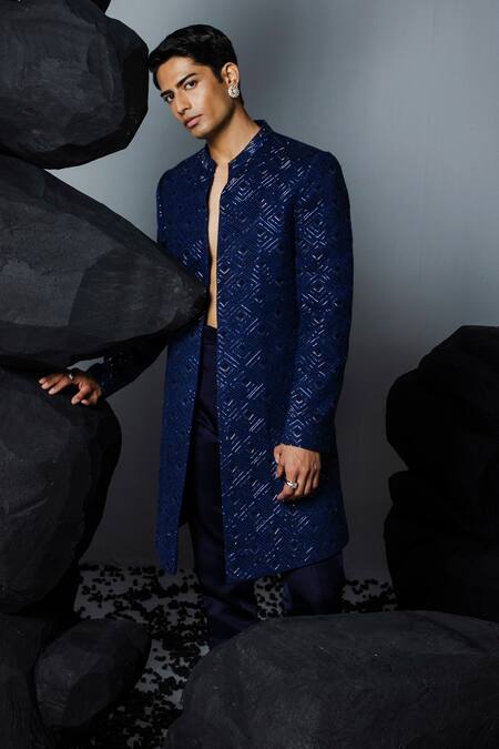 Buy_Contrast By Parth_Blue Silk Crystals, Sequins Embellished Open Sherwani Set _Online_at_Aza_Fashions