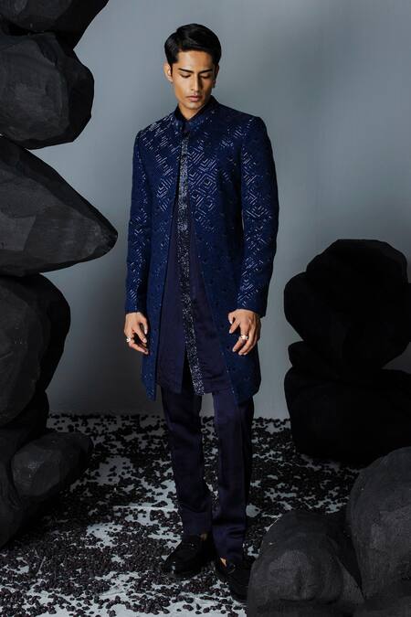 Shop_Contrast By Parth_Blue Silk Crystals, Sequins Embellished Open Sherwani Set _Online_at_Aza_Fashions