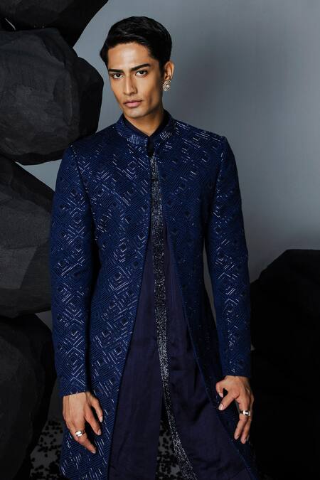 Contrast By Parth_Blue Silk Crystals, Sequins Embellished Open Sherwani Set _at_Aza_Fashions