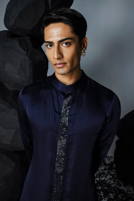 Buy_Contrast By Parth_Blue Silk Crystals, Sequins Embellished Open Sherwani Set 