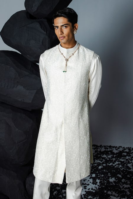 Contrast By Parth_Ivory Silk Sequins, Crystals Eternal Embellished Sleeveless Sherwani Set_Online_at_Aza_Fashions