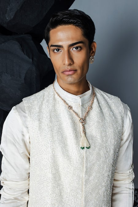 Buy_Contrast By Parth_Ivory Silk Sequins, Crystals Eternal Embellished Sleeveless Sherwani Set_Online_at_Aza_Fashions