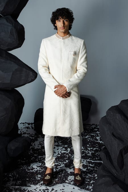 Contrast By Parth Ivory Georgette Embroidered Thread Mirza Floral Sherwani Set