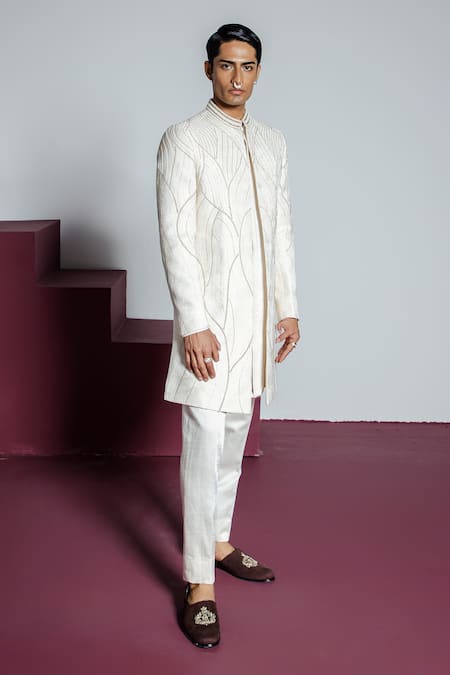 Contrast By Parth Cream Jacquard, Cotton Embroidery Khwaab Abstract Sherwani Set Online at Aza Fashions Contrast By Parth_Cream Jacquard, Cotton Embroidery Khwaab Abstract Sherwani Set _Online_at_Aza_Fashions