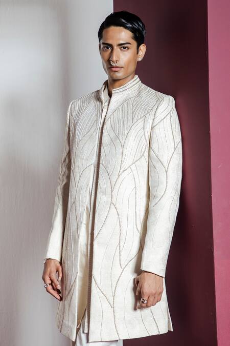 Buy Contrast By Parth Cream Jacquard, Cotton Embroidery Khwaab Abstract Sherwani Set Online at Aza Fashions Buy_Contrast By Parth_Cream Jacquard, Cotton Embroidery Khwaab Abstract Sherwani Set _Online_at_Aza_Fashions