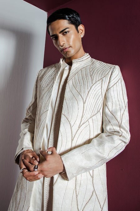 Shop Contrast By Parth Cream Jacquard, Cotton Embroidery Khwaab Abstract Sherwani Set Online at Aza Fashions Shop_Contrast By Parth_Cream Jacquard, Cotton Embroidery Khwaab Abstract Sherwani Set _Online_at_Aza_Fashions