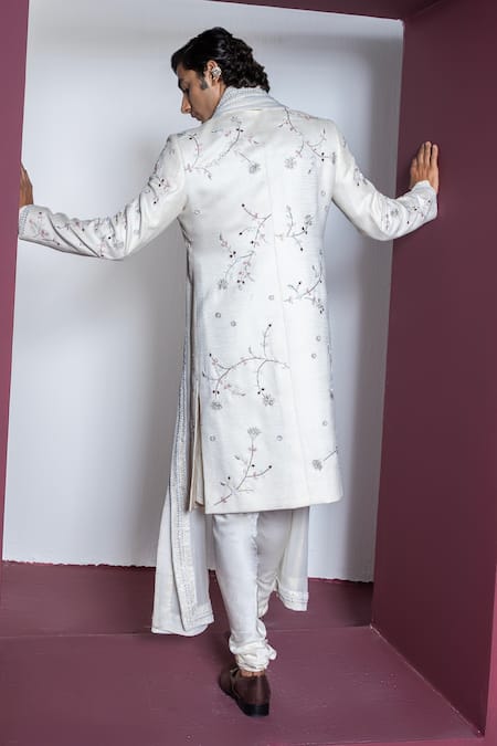 Shop_Contrast By Parth_Off White Jacquard Sequins, Embroidery Gul Floral Jaal Sherwani Set _at_Aza_Fashions