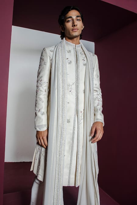 Contrast By Parth_Off White Jacquard Sequins, Embroidery Gul Floral Jaal Sherwani Set _Online_at_Aza_Fashions