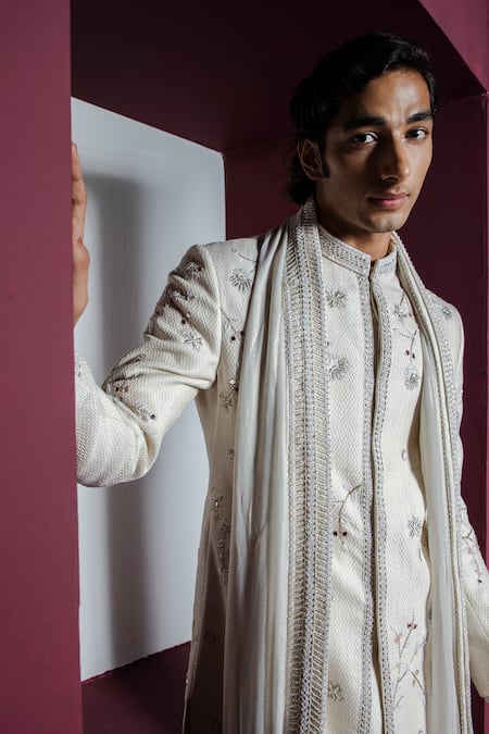 Buy_Contrast By Parth_Off White Jacquard Sequins, Embroidery Gul Floral Jaal Sherwani Set _Online_at_Aza_Fashions