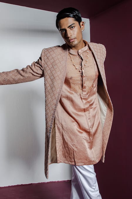 Contrast By Parth_Brown Silk Pearls Rose Embellished Sherwani Set_Online_at_Aza_Fashions