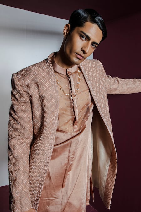 Buy_Contrast By Parth_Brown Silk Pearls Rose Embellished Sherwani Set_Online_at_Aza_Fashions