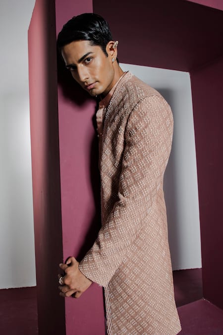 Shop_Contrast By Parth_Brown Silk Pearls Rose Embellished Sherwani Set_Online_at_Aza_Fashions