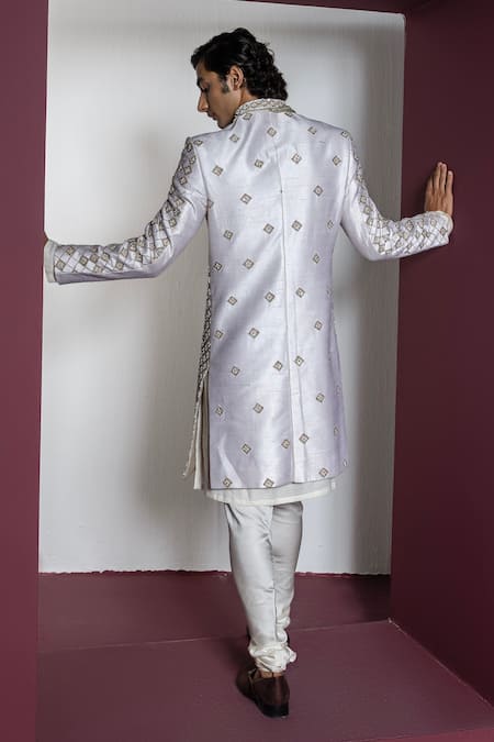Shop Contrast By Parth Off White Silk, Tissue Sequins, Pearls, Embroidery Dazzle Sherwani Set at Aza Fashions Shop_Contrast By Parth_Off White Silk, Tissue Sequins, Pearls, Embroidery Dazzle Sherwani Set _at_Aza_Fashions