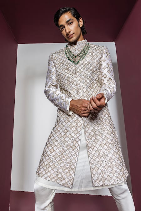 Contrast By Parth Off White Silk, Tissue Sequins, Pearls, Embroidery Dazzle Sherwani Set Online at Aza Fashions Contrast By Parth_Off White Silk, Tissue Sequins, Pearls, Embroidery Dazzle Sherwani Set _Online_at_Aza_Fashions