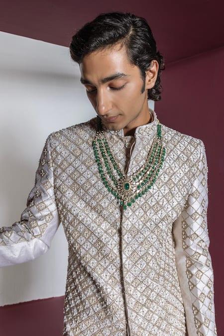 Buy Contrast By Parth Off White Silk, Tissue Sequins, Pearls, Embroidery Dazzle Sherwani Set Online at Aza Fashions Buy_Contrast By Parth_Off White Silk, Tissue Sequins, Pearls, Embroidery Dazzle Sherwani Set _Online_at_Aza_Fashions