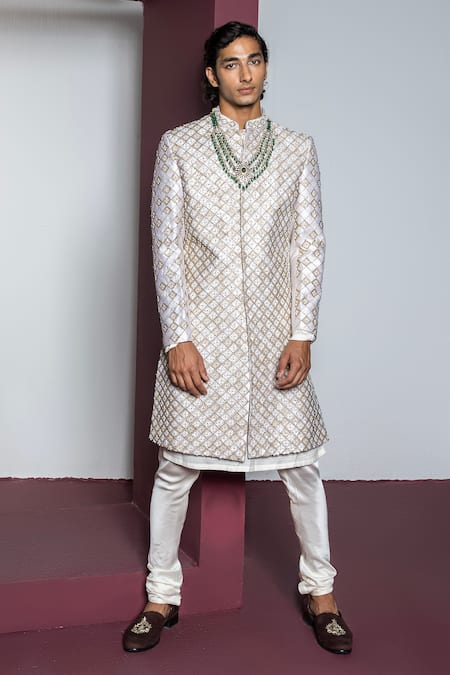 Shop Contrast By Parth Off White Silk, Tissue Sequins, Pearls, Embroidery Dazzle Sherwani Set Online at Aza Fashions Shop_Contrast By Parth_Off White Silk, Tissue Sequins, Pearls, Embroidery Dazzle Sherwani Set _Online_at_Aza_Fashions