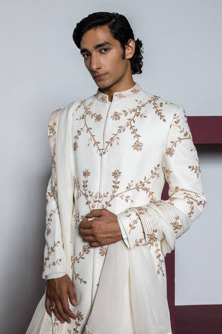 Contrast By Parth Ivory Jacquard Beads Textured Glass Embroidered Sherwani Set Online at Aza Fashions Contrast By Parth_Ivory Jacquard Beads Textured Glass Embroidered Sherwani Set _Online_at_Aza_Fashions