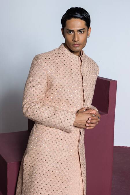 Contrast By Parth_Pink Silk Zari Nargis Embroidered Sherwani Set_Online_at_Aza_Fashions