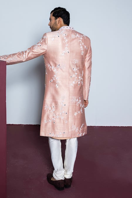 Shop Contrast By Parth Peach Silk Mirrors, Pearls Rose Garden And Embroidered Sherwani Set at Aza Fashions Shop_Contrast By Parth_Peach Silk Mirrors, Pearls Rose Garden And Embroidered Sherwani Set _at_Aza_Fashions