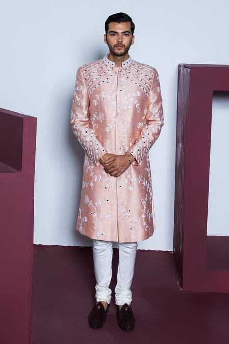Contrast By Parth Peach Silk Mirrors, Pearls Rose Garden And Embroidered Sherwani Set Online at Aza Fashions Contrast By Parth_Peach Silk Mirrors, Pearls Rose Garden And Embroidered Sherwani Set _Online_at_Aza_Fashions
