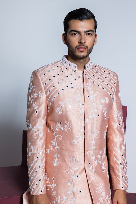 Buy Contrast By Parth Peach Silk Mirrors, Pearls Rose Garden And Embroidered Sherwani Set Online at Aza Fashions Buy_Contrast By Parth_Peach Silk Mirrors, Pearls Rose Garden And Embroidered Sherwani Set _Online_at_Aza_Fashions