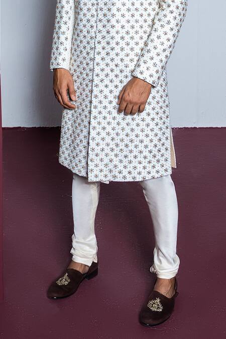 Contrast By Parth_Ivory Jacquard Zari, Embroidery Rose Quartz Zardosi Sherwani Set_Online_at_Aza_Fashions