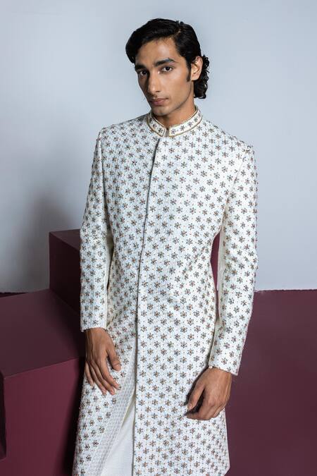 Buy_Contrast By Parth_Ivory Jacquard Zari, Embroidery Rose Quartz Zardosi Sherwani Set_Online_at_Aza_Fashions