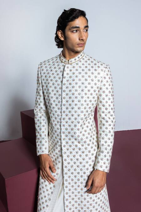 Shop_Contrast By Parth_Ivory Jacquard Zari, Embroidery Rose Quartz Zardosi Sherwani Set_Online_at_Aza_Fashions
