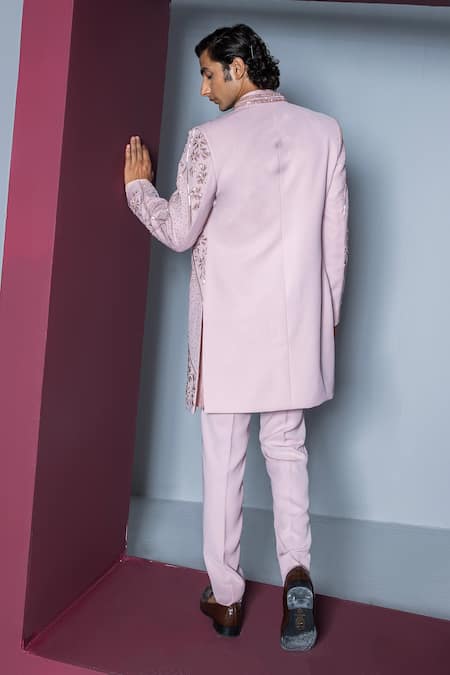 Shop Contrast By Parth Pink Silk Embroidery Sherwani Set at Aza Fashions Shop_Contrast By Parth_Pink Silk Embroidery Sherwani Set _at_Aza_Fashions