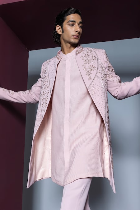 Shop Contrast By Parth Pink Silk Embroidery Sherwani Set Online at Aza Fashions Shop_Contrast By Parth_Pink Silk Embroidery Sherwani Set _Online_at_Aza_Fashions