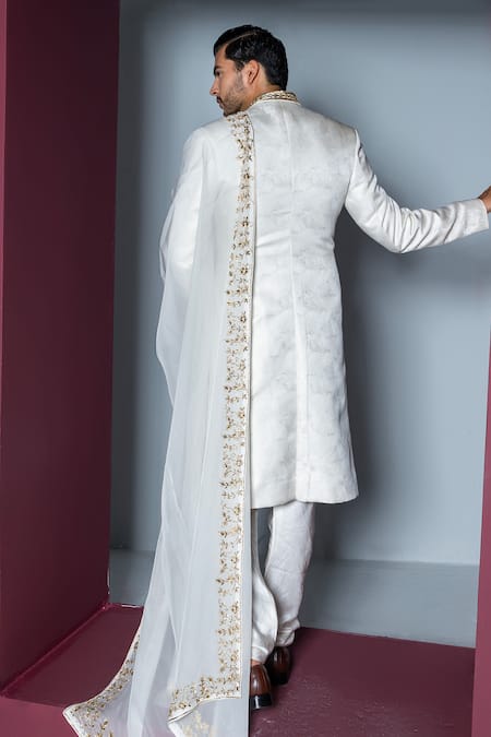 Shop Contrast By Parth Off White Jacquard, Silk, Organza Zari, Misba Zardosi Work Sherwani Set at Aza Fashions Shop_Contrast By Parth_Off White Jacquard, Silk, Organza Zari, Misba Zardosi Work Sherwani Set _at_Aza_Fashions
