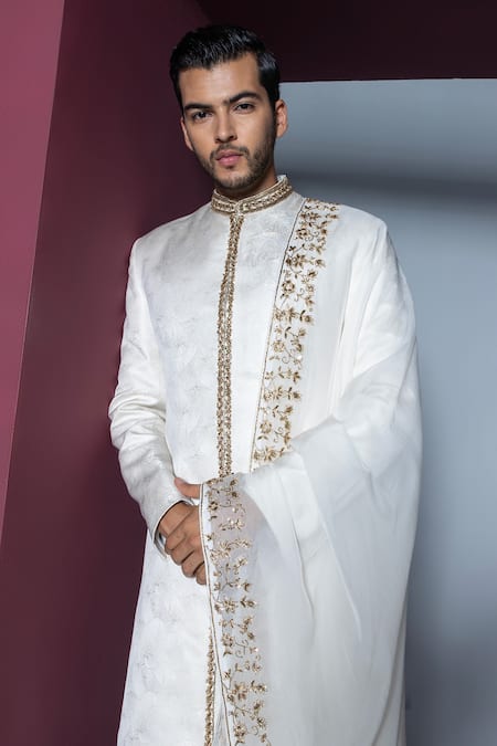Buy Contrast By Parth Off White Jacquard, Silk, Organza Zari, Misba Zardosi Work Sherwani Set Online at Aza Fashions Buy_Contrast By Parth_Off White Jacquard, Silk, Organza Zari, Misba Zardosi Work Sherwani Set _Online_at_Aza_Fashions